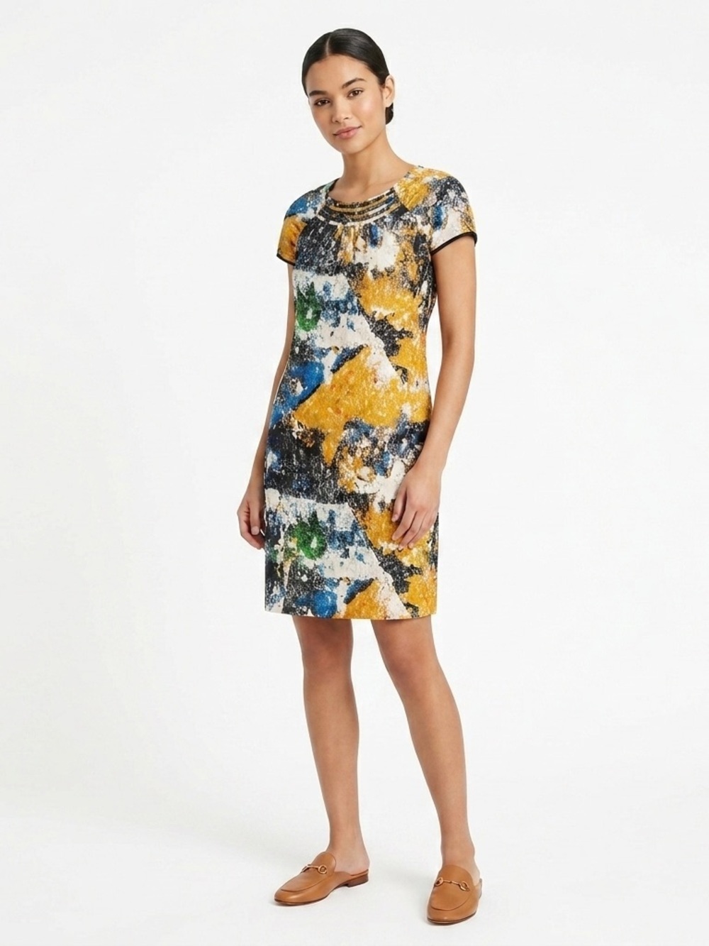 Tory Burch Cap Sleeve Dress Pleated Crew Neck Abstract Silk Multicolor Size 0